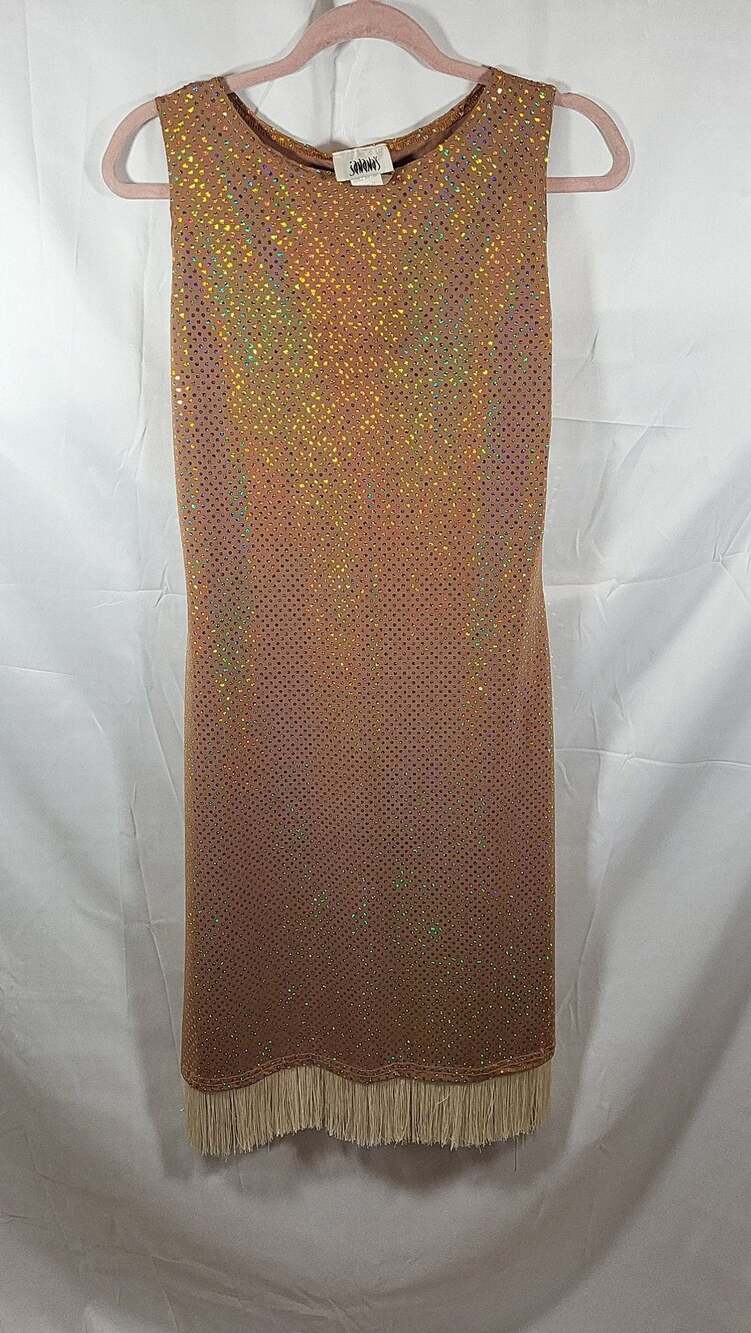 Vintage Sabanovs Iridescent Sequin Rhinestone Shift Dress with Fringe Hem, size